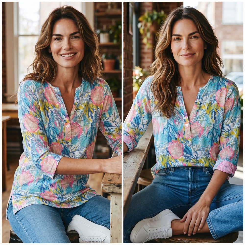 Lulu-B Coastal Seashell Coral Print Tunic Top Blue Pink XS 3/4 Sleeve Cotton Mix